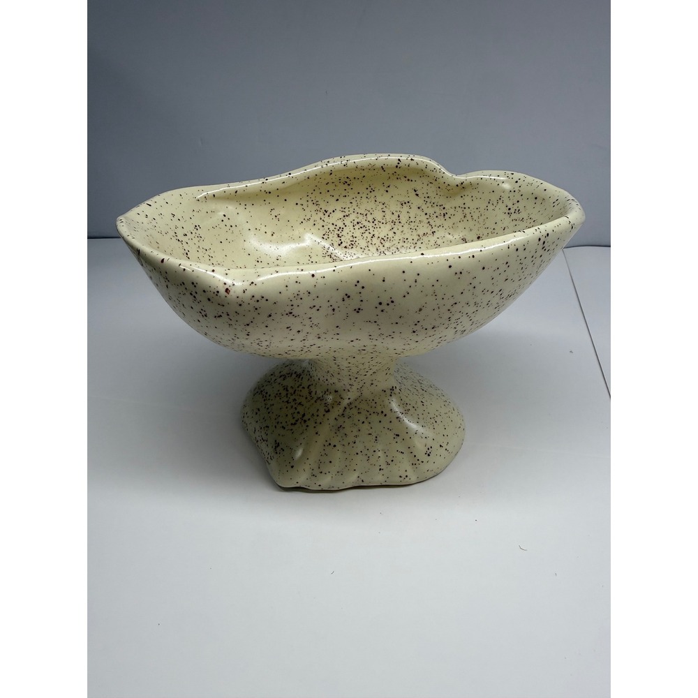 Vintage Speckled Ceramic Pedestal Bowl Cream Brown Wavy Rim Centerpiece 7 inch